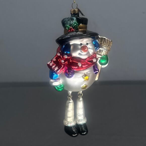 Thomas Pacconi Blown Glass Snowman Ornament 6” Hand Painted Dangle Leg Christmas - Picture 1 of 16